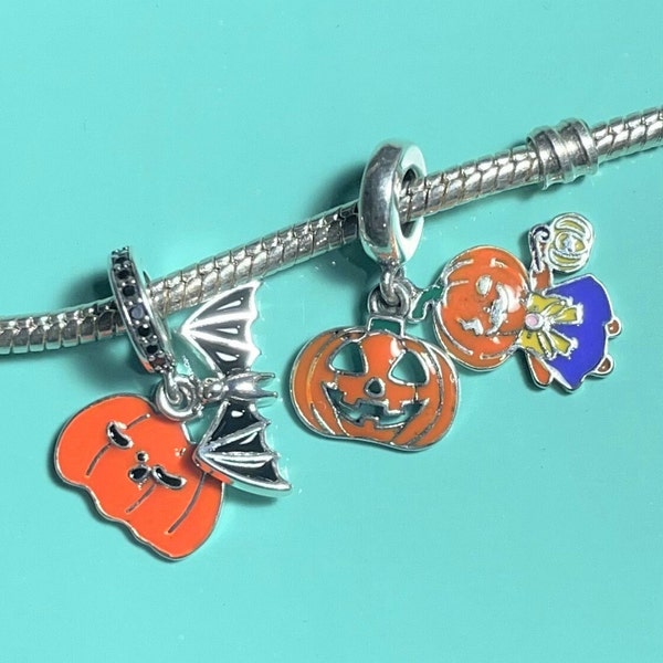 Halloween Pumpkin Bat Charm fits Pandora Bracelets , Jack O Lantern , Costume , 925 Sterling Silver