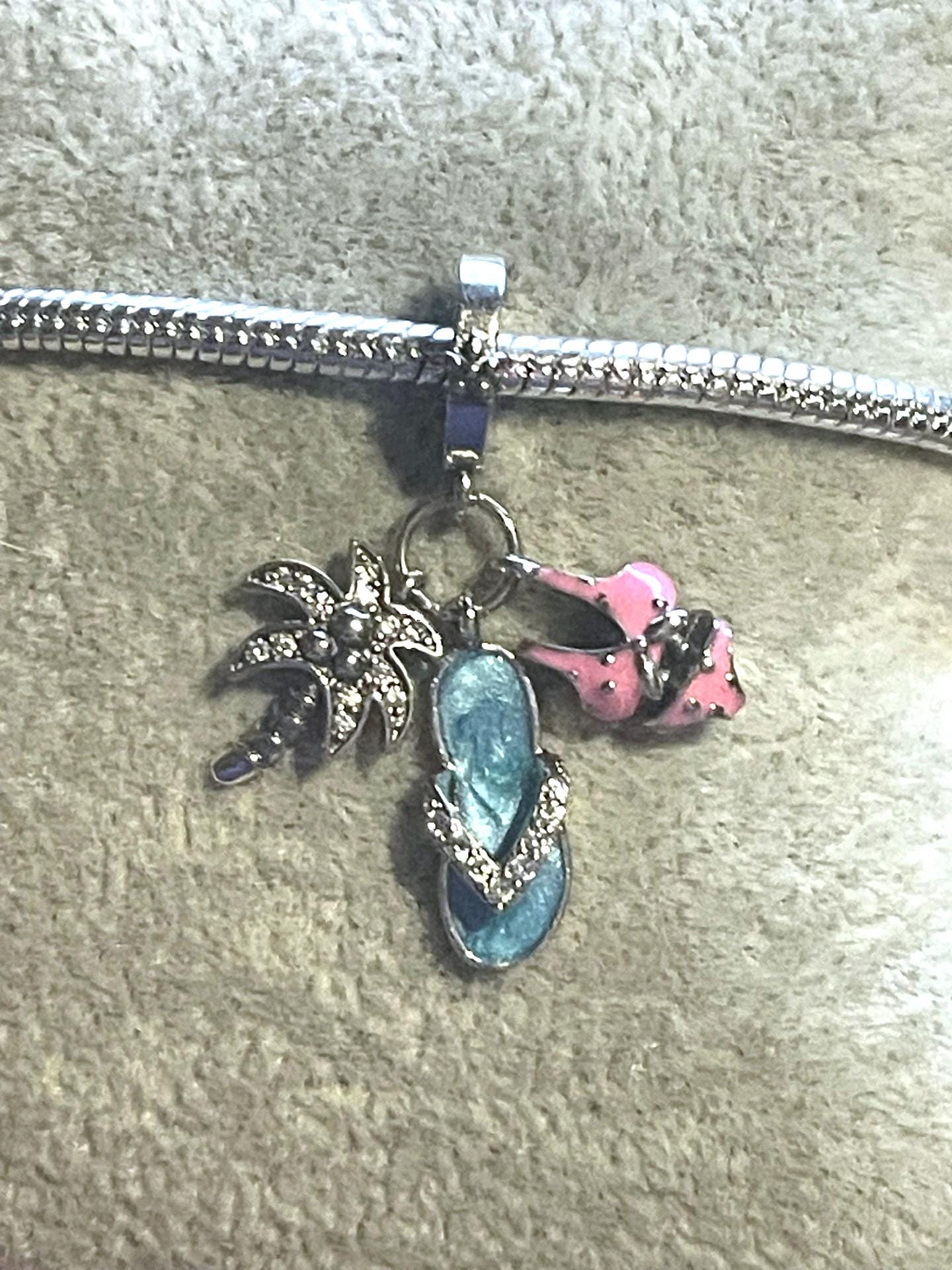 Flip Flop Swim suit Palm Tree Triple Dangle Charm , Fits Pandora Bracelets , Flip-Flop, Sandal Charm , Palm tree , Bathing suit , 925 SS