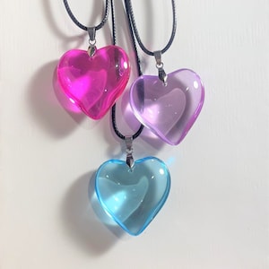 Large Glass Puffed Heart Pendant Necklace , Hot Pink heart Pendant , Ocean Blue heart Pendant, Purple heart Pendant , Black Cord Necklace