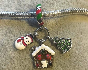 Dije triple colgante de árbol de Navidad y casa de muñeco de nieve, dije colgante de muñeco de nieve, dije de casa, dije de árbol de Navidad, dije festivo, dije de Navidad, 925 SS