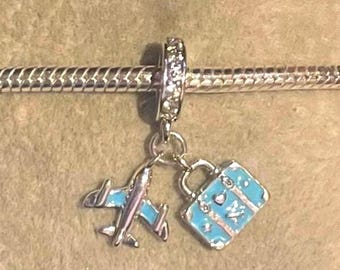 Blue Suitcase Airplane Travel Charm , Fits Pandora Bracelets , 925 Sterling Silver, gift for her