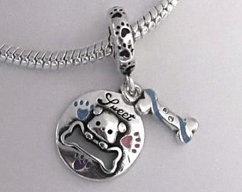 Dog Pawprint Bone Dangle Charm , charm Fits Pandora Bracelets , Dog charm , pawprint charm , dog bone charm , 925 Sterling Silver