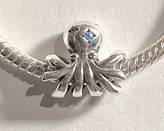 Octopus Charm , Fits Pandora Bracelets , Blue Crystal Octopus Charm , Ocean Charm , 925 Sterling Silver