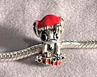 Disney Stitch Christmas Charm fits Pandora Bracelets , Santa Hat Stitch Charm , Holiday Charm , Christmas Charm , Winter Charm,Silver plated