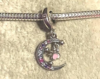 Sterling Silver Pink Paw Pawprint  Crescent moon stars CZ dangle Charm ,Fits Pandora Bracelets ,Pawprint Charm ,Dog, Cat , gift for her