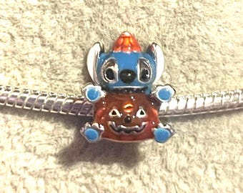 Sterling Silver Stitch Halloween Charm  ,Stitch Pumpkin , Lilo & Stitch , Charm for Bracelets , 925 Sterling Silver , gift for her