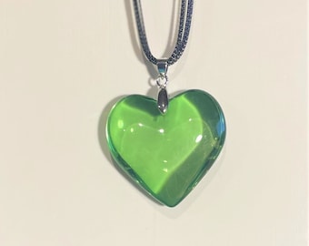 Large Green Glass Puffed Heart Pendant Necklace , Green Translucent heart Pendant  , Multi Strand Black Cord Necklace