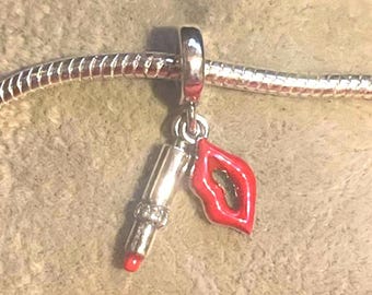Lipstick Lips Charm , Fits Pandora Bracelets , Red Lipstick  , Red Lips , Cosmetics Dangle Charm , 925 Sterling Silver