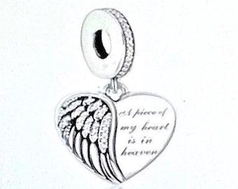 Angel Wings Heart Dangle Charm fits Pandora Bracelets , Memorial Charm , A piece of my heart is in heaven  charm , 925 Sterling Silver