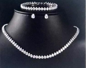 CZ Bridal Necklace Earrings Bracelet Set , CZ Bridal Jewelry Set , Pear shaped cz Wedding jewelry set , Bridal Party jewelry