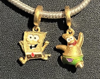 CARTOON CHARM Fits Pandora Bracelets , SpongeBob Charm , Patrick Charm , SquarePants , 925 Sterling Silver , Gold