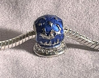Christmas Night Blue Snow Globe Charm fits Pandora Bracelets , Santa Claus & Reindeer Charm , Holiday Charm , Winter Charm , Silver plated