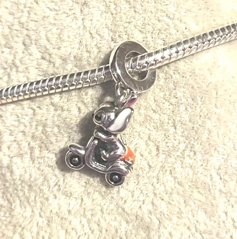 Puede incluir: Un charm de plata con un conejito montado en un scooter. El conejito tiene la cara blanca, orejas rosas y lleva una chaqueta negra. El scooter tiene un asiento naranja y ruedas plateadas. El charm est&aacute; unido a una pulsera de plata.