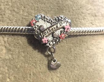 Mother's Day Heart Charm , Mother Charm , fits Pandora Bracelets , Double sided , 925 Sterling Silver , gift for her