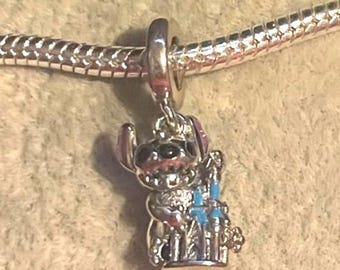 Disney Stitch and Castle Dangle Charm , Cartoon Charm , Charm for Bracelets , 925 Sterling Silver , gift for her