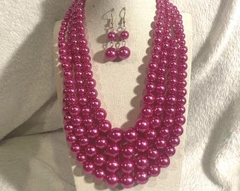 Berry Fuchsia Beaded Multi strand Necklace with Matching Earrings  , Necklace & earrings set, Jewelry  for Women