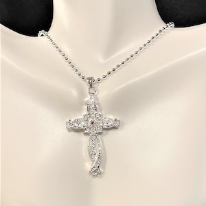 Crystal Cross Necklace , Silver Cross Pendant Necklace , Clear Crystal , Red Crystal , Crystal Cross jewelry , Religious jewelry