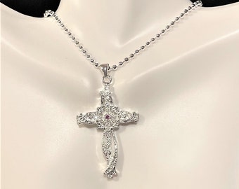 Chain Jeweled Silver Blue Rhinestone Crystals Small Cross Necklace Pendant