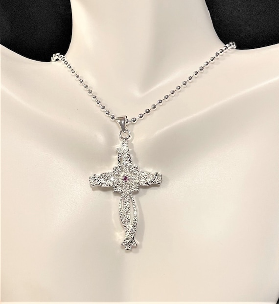 Crystal Cross Necklace , Silver Cross Pendant Neck