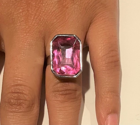 Large Adjustable Crystal Ring , Rectangle Cut Cry… - image 2