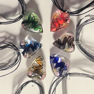 Murano Glass Swirl Heart Necklace , Ribbon Necklace , red, green , brown , purple , blue