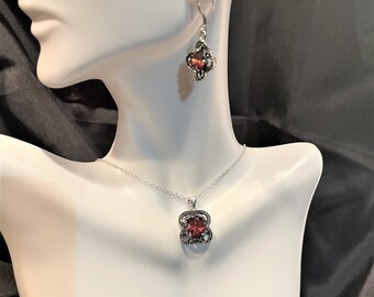 Garnet Red Crystal Pendant Necklace and Earrings , Jewelry Set for Women , Silver