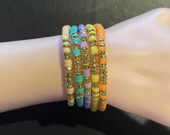 Heishi Bead Bracelet , beaded bracelet with gold spacers , Stackable bracelet , stretch , beach bracelet , choose color