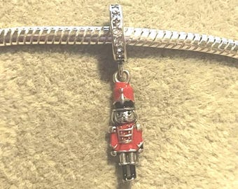 Toy Soldier Charm , Nutcracker , wooden soldier  ,soldier , fits Pandora Bracelets , Black and Red Soldier Dangle , 925 sterling Silver