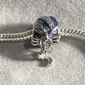 Crystal and Blue Moon and Star Dangle Charm fits Pandora Bracelets , Silver