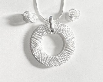 925 Silver Mesh Oval Karma Pendant Necklace & Stud Earrings Jewellery Set UK 
