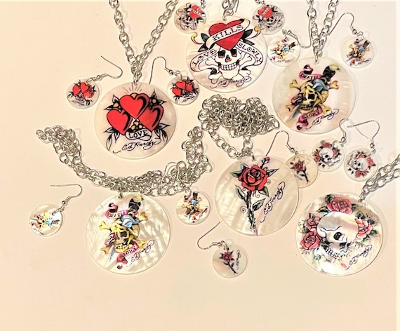 Ed Hardy Shell Disc Necklace and Earrings Set , Love Kills Ed Hardy Shell Disc Necklace and Earrings Set , Love Kills