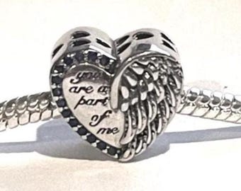 Angel Wings Heart Charm Fits Pandora Bracelets , You are A Part of Me , Blue CZ Heart, In Memory , Always ,925 SS,Gift for Her
