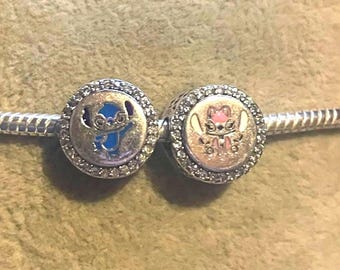 Disney Angel And Stitch Charm , Double sided , charm Fits Pandora Bracelets , Cartoon Charm , 925 Sterling Silver , gift for Her