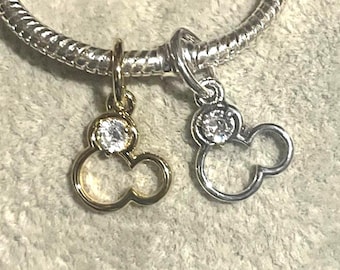 Disney Mickey Mouse Silhouette Dangle Charm , Mickey Icon Charm , fits Pandora Bracelet , 925 Sterling Silver , Gold / choose , gift for her