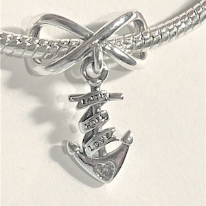 Infinity Anchor Charm , Fits Pandora Bracelets , Faith , Hope and Love Charm , 925 Sterling Silver