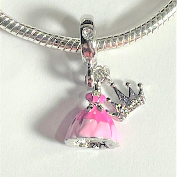 Princess Pink Dress and CZ Tiara Crown Dangle Charm fits Pandora Bracelets , Princess Dress , Princess Gown , fairytale Charm , Silver