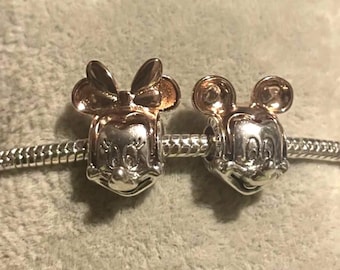 Mickey and Minnie Mouse Portrait Two Tone Charm, Mickey Mouse Charm ,  Minnie Mouse charm ,fits Pandora Bracelet , 925 SS/Rose Gold-CHOOSE