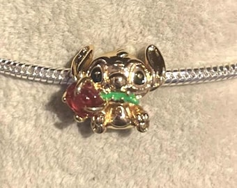 Gold Stitch Rose Charm , Lilo & Stitch , Cartoon Charm , Charm for Bracelets , 925 Sterling Silver , gift for her