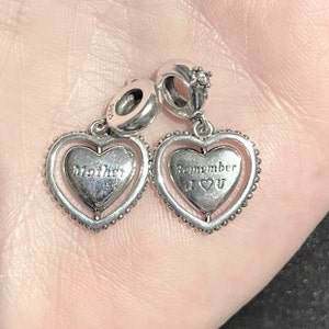 Mother Heart Dangle Charms fits Pandora Bracelets , Mother Remember I Love You , Mother Charm , CZ , 925 Sterling Silver