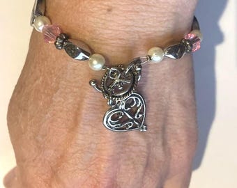 Swarovski Crystal Believe Courage Strength Gemstone Charm Bracelet, Graduation Bracelet , Encouragement Bracelet , pearls, 7 3/4 "