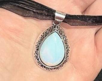 Opalite Crystal Stone Pear Shape Necklace , Opalite Teardrop Necklace , Ribbon Cord Necklace , Gemstone Pendant for Women