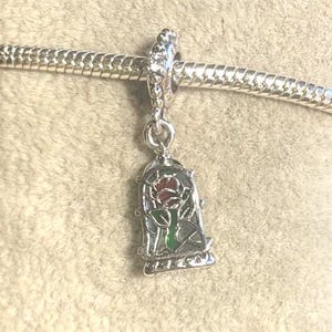 Beauty and the Beast Enchanted Rose Dangle Charm , Princess Belle , fits Pandora Bracelets , 925 Sterling Silver , gift for her