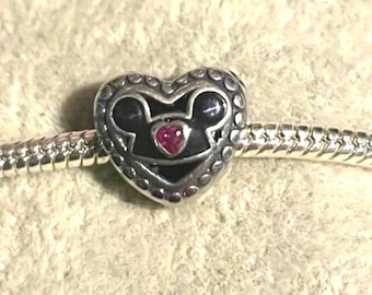 Mickey Mouse Ears Heart Charm , charm fits Pandora Bracelet ,  925 Sterling Silver , gift for her