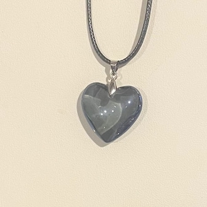 Smoky Blue Glass Puffed Heart Pendant Necklace ,  Blue glass heart necklace , Black Cord Necklace