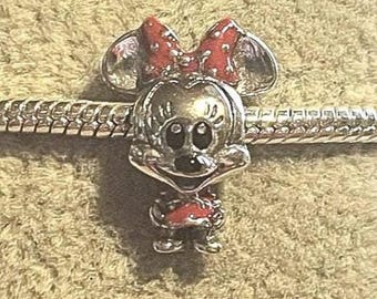 Minnie Mouse Charm , Minnie dotted dress and bow charm , charm for Pandora Bracelet ,  925 Sterling Silver , Gift for her
