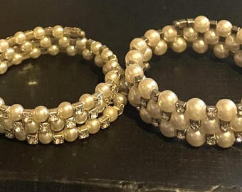 Pearl & Crystal Coil Bracelet , Pearl Bangle , 3 row , Statement Bracelet , Wedding jewelry ,Gift for Her, one size fits most