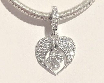 Sterling Silver Pawprint Angel Wings Charm , Fits Pandora Bracelets , Loss of a Pet Charm , Heart Charm , Dog , Cat , gift for her