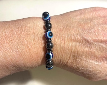 Pulsera del Ojo Turco, Pulsera de Hematita, Protección, Pulseras Apilables, 8 mm, Talla única