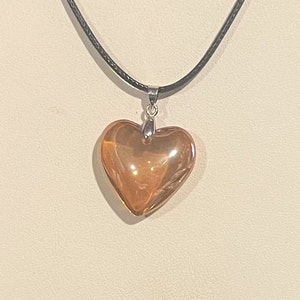 Orange Iridescent Glass Puffed Heart Pendant Necklace ,  Black Cord Necklace