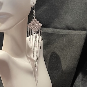 Silver Chandelier Statement Earrings ,  Dangle Drop Long Tassel Earrings, Diamond Drop Earrings for Women , 5 &quot;